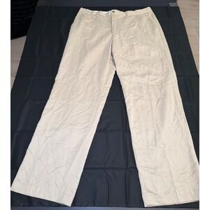 Greg Norman Mens Golf Pants 36x32 Khaki Tan Flat Front Shark Logo Polyester